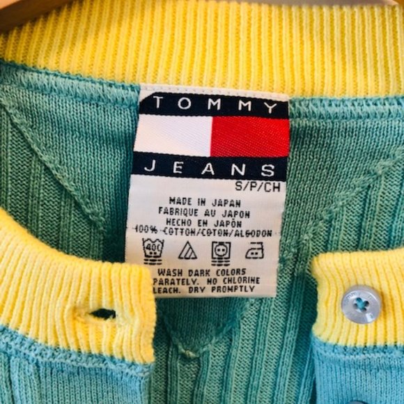 Tommy Jeans Cardigan 100% Cotton Colorblock Aqua Yellow Crewneck S / P - Picture 2 of 5